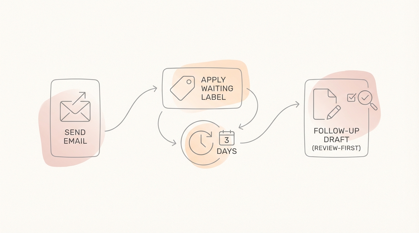 Diagram-style illustration: send email → apply Waiting label → 3 days → follow-up draft (review-first).